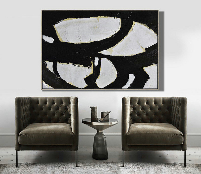 Extra Large Artwork,Horizontal Palette Knife Minimal Canvas Art Painting Black White Beige - Hand-Painted Canvas Art